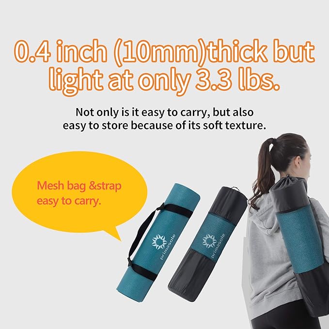 Primasole PER Eco-Friendly 2-Color Yoga Mat (0.4") - Secure Grip for Yoga, Pilates, Gym, Tear-Resistant, Portable w/Strap & Bag, 68x24" Forest Green/Black, All Levels,Easy to Clean