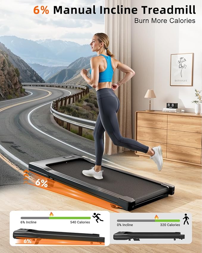 DeerRun Under Desk Walking Pad Treadmill for Home & Office, 6% Manual Incline, 2.5 HP, 0.6–3.8 MPH Walking Speed, 300 lb Capacity, App & Remote Control