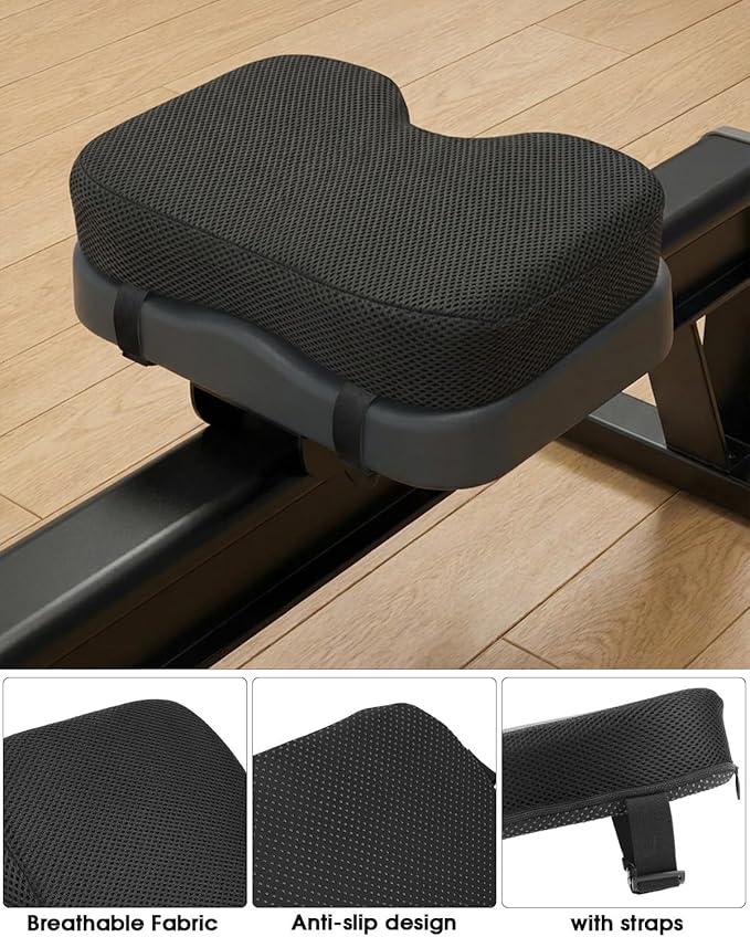 Memory Foam Rowing Machine Seat Cushion - Anti-Slip with Straps - Tailbone Pain Relief Pad Compatible with Concept 2, WaterRower, Hydrow, Peloton Bike