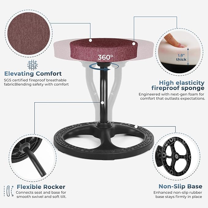 ADHD Chair for Kids, Yoga Chairs for Adults, Wobble Stool Active Flexible Seating Desk Chair with Non-Slip Base and Washable Seat Cover for Stability, Balance, Yoga, Office, School, Classroom