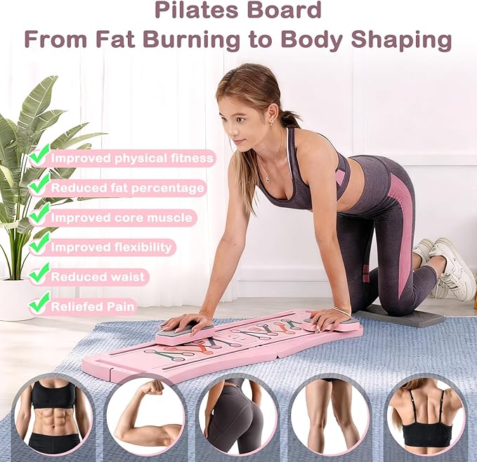 6-in-1 Foldable Pilates Board Reformer Kit, Portable Home Gym Equipment with Resistance Bands, Ab Board, Smart Timer & Phone Holder, Full Body Workout for Women