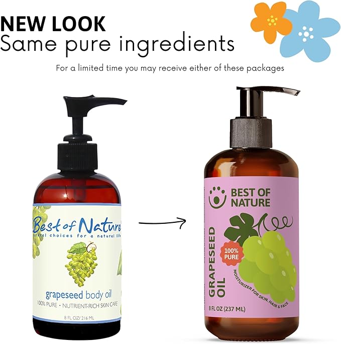 Best of Nature 100% Pure Grapeseed Massage & Body Oil, Unscented Lightweight Non-Greasy Moisturizer for Hair, Skin, Face, & Aromatherapy Carrier Oil for Essential Oils, 8 oz.