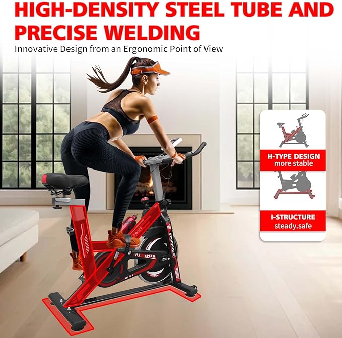Indoor Cycling Bike Stationary Exercise Bike with LCD Monitor, iPad Holder & Comfort Seat, Adjustable Resistance, Silent Belt Drive for Home Gym Cardio Workout