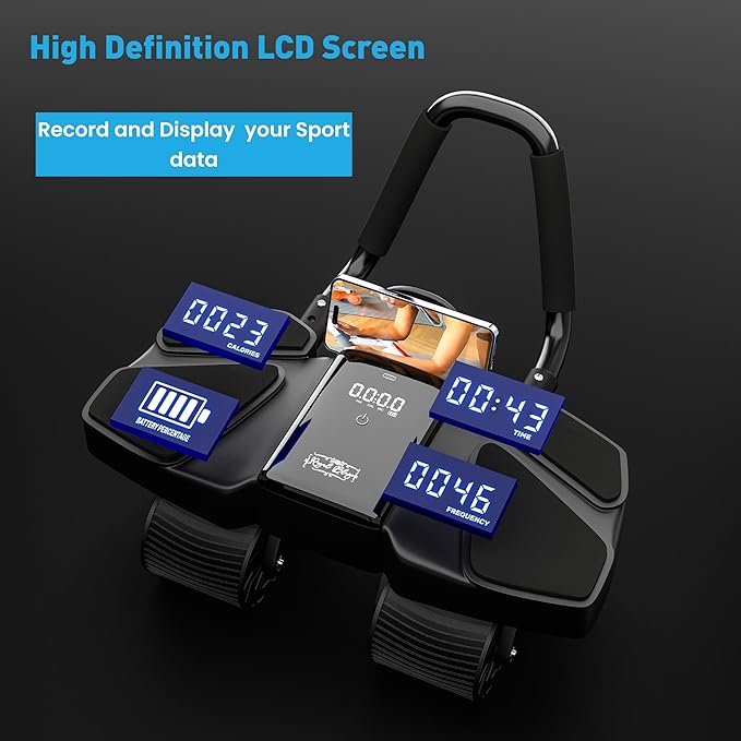 Ab Roller Home Gym Equipment – 4 Wheels Ab Wheel Muscle Roller with LCD Screen, Yoga Stretching Strap, 3 Resistance Bands – Comfortable Elbow Support with Non-Slip Handles – Time and Calorie Count