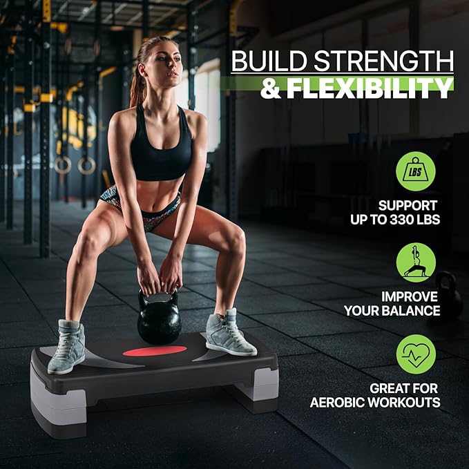 Aerobics Stepper Platform for Exercise Adjustable Compact Workout Step for Cardio, Core and Strength Training