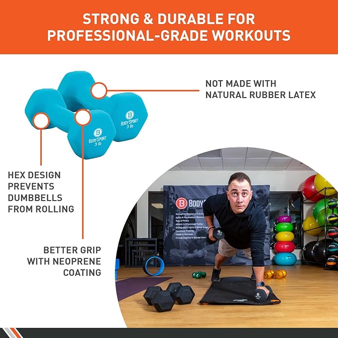 Body Sport Neoprene Dumbbell Weight - Latex-Free, Strength Training Equipment for Home Fitness & Gym Workouts