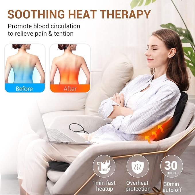Back Massager with Heat,Heated Seat Cover Cushion with 5 Vibrating Massage Nodes Chair Pad for Pain Relief Home Office Use