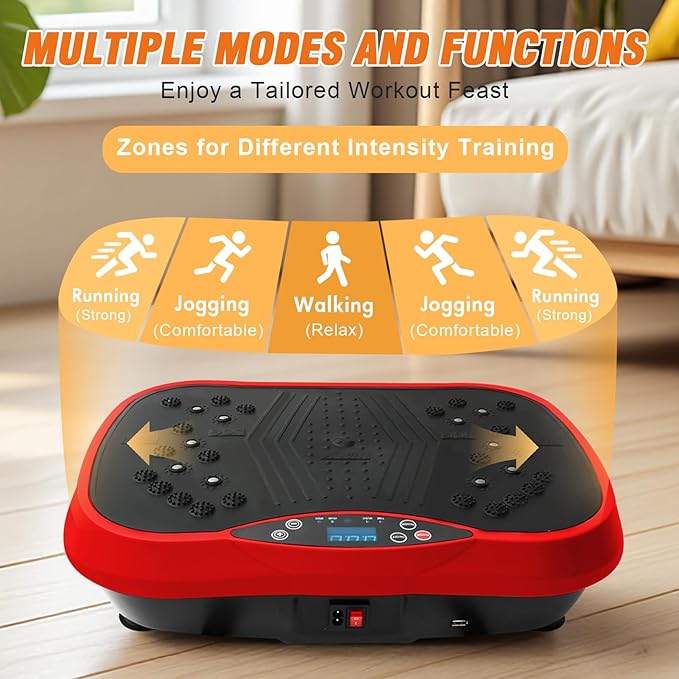 ALSO GO Vibration Plate Exercise Machine, 10 Modes & 200-Level Vibration Platform for Weight Loss/Lymphatic Drainage, 400lbs Vibration Board with Music and Resistance Bands for Full Body Workout, Red