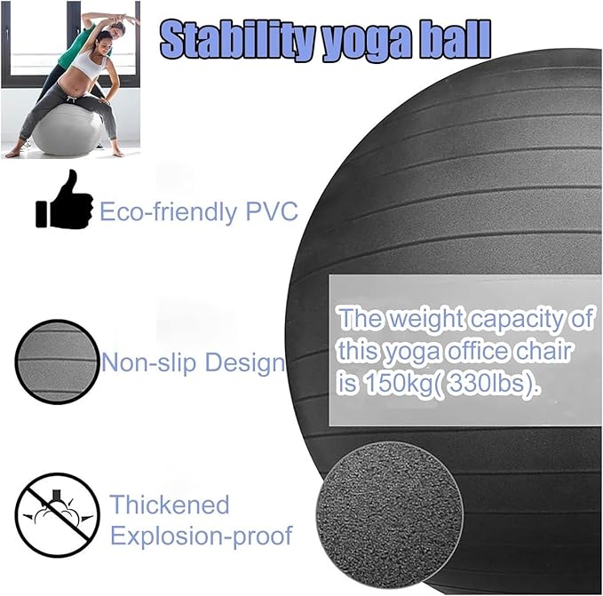 Yoga Ball Chair,Yoga Ball，Exercise Ball, Office Ball Chair with Base & Pump Stability Yoga Ball Seat for Back Pain Relief Home Gym Exercise Ball Chair for Core Strength Training(Green,Diameter 65cm (