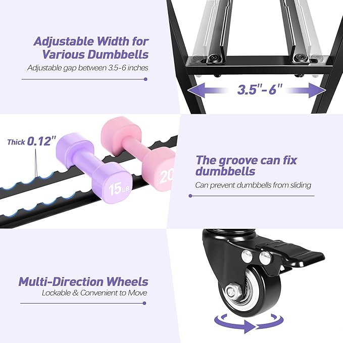 PARTPHONER Adjustable Dumbbell Rack, Weight Rack for Home Gym Storage, Home Gym Storage for Stores Dumbbells, Kettlebells and Yoga Mats, All in One Workout Storage Racks with Wheels and Hooks, Durable Powder Coated Steel