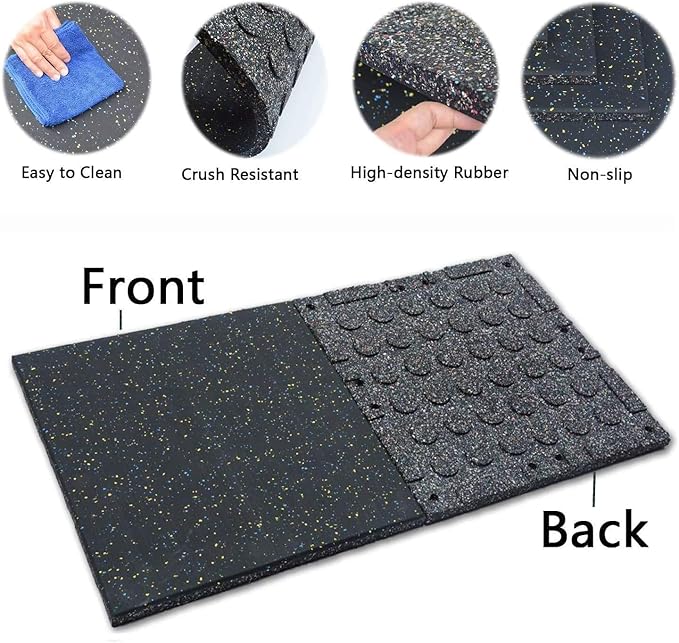 tonchean Rubber Exercise Equipment Mats 1" Thick, 4 Pack Anti-Vibration Gym Floor Tiles 20" x 20'', Non-Slip Sound Absorbing Gym Mats, Interlocking Tiles with 12 Pcs Buckles, for Fitness Equipment