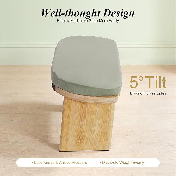 Bamboo Meditation Bench,Portable Bamboo Meditation Stool with Meditation Cushion, Foldable & 5°Ergonomic Tilt Kneeling Meditation Yoga Stool-396.83lbs Max. Load Capacity (Green)