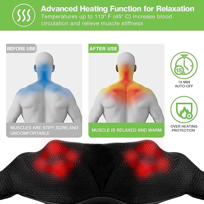 Neck Massager, Shiatsu Shoulder and Back Neck Massager with Heat, Neck Massager Pillow for Neck for Body Muscle Pain Relief, Neck Massager Gifts for Mom Dad Women Men, Home, Office Car Use