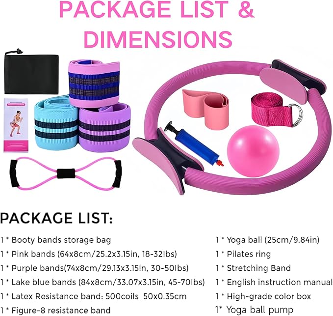 Pilates Essentials Kit for Women - Complete Yoga Set with Rings, Booty Bands, Hip Exercise Band, and 25cm Ball