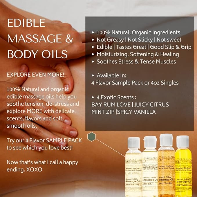 RD Alchemy - 100% Natural & Organic Edible Massage Oil - Sweet & Rich Flavor: Bay Rum Love - Lightweight, Silky Smooth Massage Oil with Natural Oils for a Soft, Sensual Glide and Mild Taste!