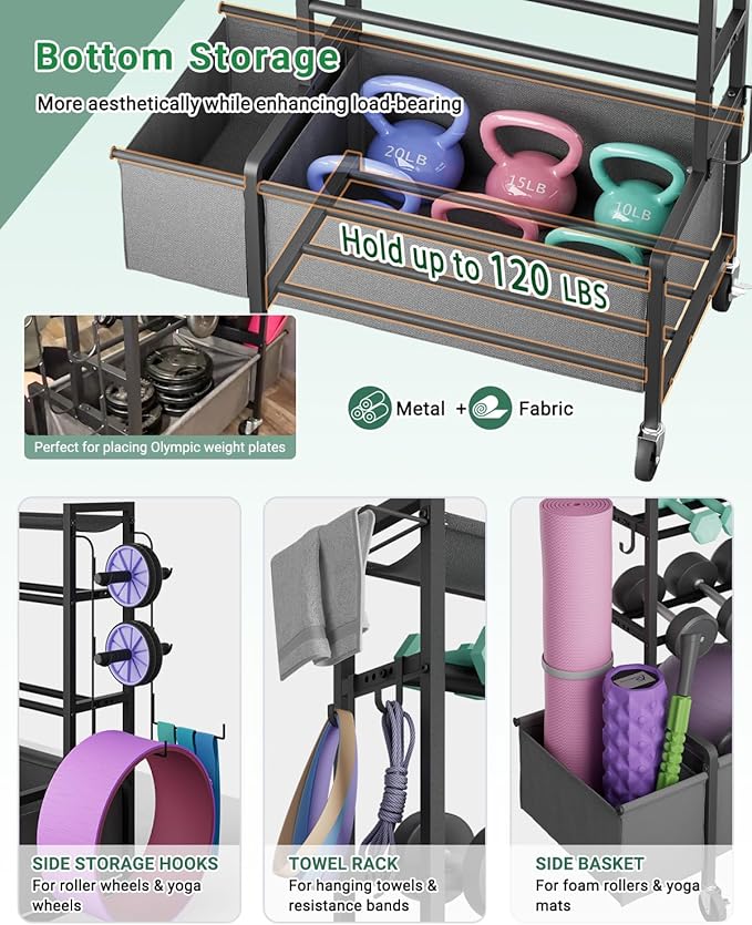 Dumbbell Rack, Adjustable 4-Tier Weight Rack Movable, Home Gym Organizer Up to 405 lb with Lockable Casters & Hooks, Workout Equipment Storage for Dumbbells, Kettlebells, Yoga Mats & Balls