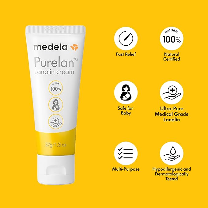 Medela Purelan Lanolin Nipple Cream, Fast Relief for Sore Nipples & Dry Skin During Breastfeeding, Safe for Breastfeeding Baby, Natural, Hypoallergenic, Fragrance-Free, 1.3 Ounces, 2 Pack