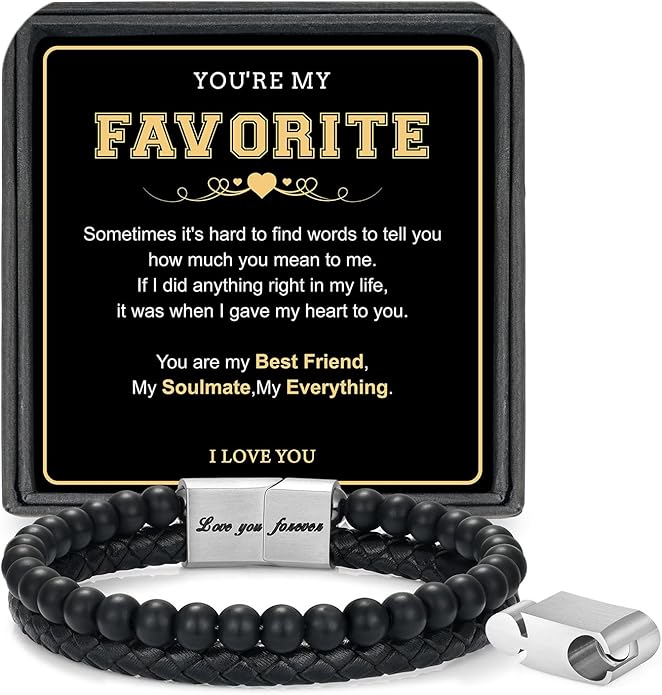 LUXEJEW Gifts for Men - Beaded Leather Bracelet 6mm Matte Agate Stone Bracelets for Men Dad Son Husband Boyfriend Grandpa Grandson Brother Uncle Nephew Adjustable Magnetic Clasp