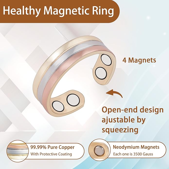 MagVIVACE Pure Copper Ring for Women, Magnetic Rings with Magnets, Tricolor Gold Jewelry Gift