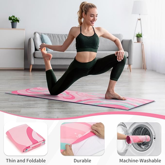 Yoga Mat Towel Cover with Large Corner Pockets, Non Slip Grip Microfiber Mat Cover Mat for Hot Yoga, Pilates and Gym Workout, 74" L x 26" W, Pink