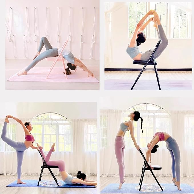 Foldable Yoga Auxiliary Chair for Adults Yoga Chair with Lumbar Support Metal Steel Frame 330 lbs Capacity YogaAuxiliaryChair for Balance Handstand Training Back Pain Relieving(Black)