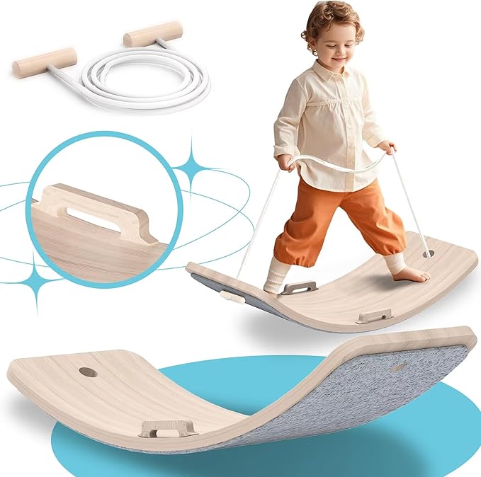 Wooden Wobble Balance Board Kids, 27 Inch Balance Board Toddlers with Natural Wood Board with Rope for Indoor&Outdoor Exercise, Open Ended Learning Toy for Body Training, Birthday