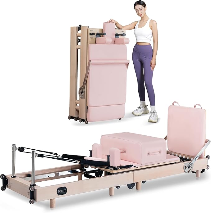 Pilates Reformer Machine, Premium Foldable Pilates Reformer, Durable and Quiet, Pilates Equipment for Home Workouts with Reformer Accessories and Reformer Pilates Box (Pink)