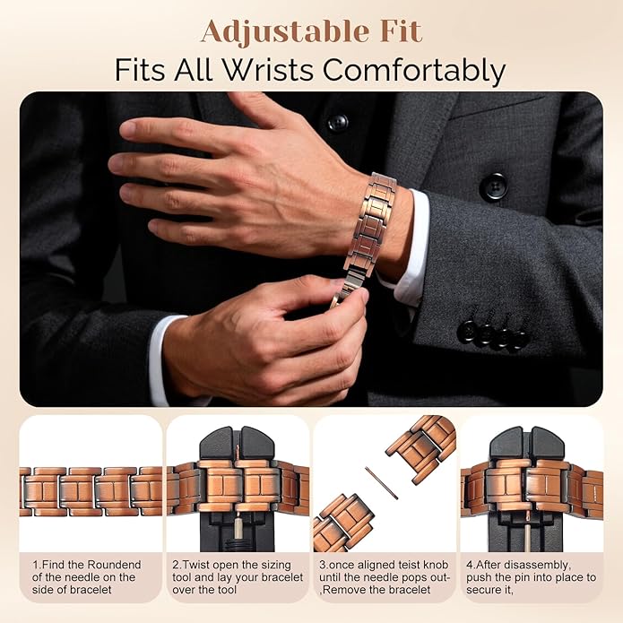JEROOT Men's 99.99% Pure Copper Magnetic Bracelet, 3500 Gauss Magnets Adjustable with Sizing Tool
