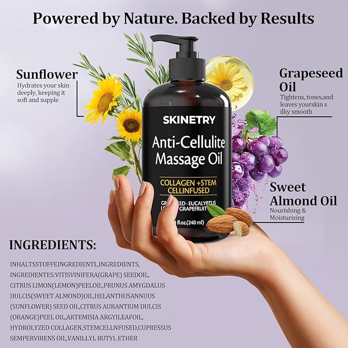 Massage Oil Nourish Your Skin & Senses – Firming Body for Smoothing Cellulite & Improving Texture. Silky, Fast-Absorbing Formula with Collagen & Stem Cell – 8 Fl Oz Aromatherapy Massage