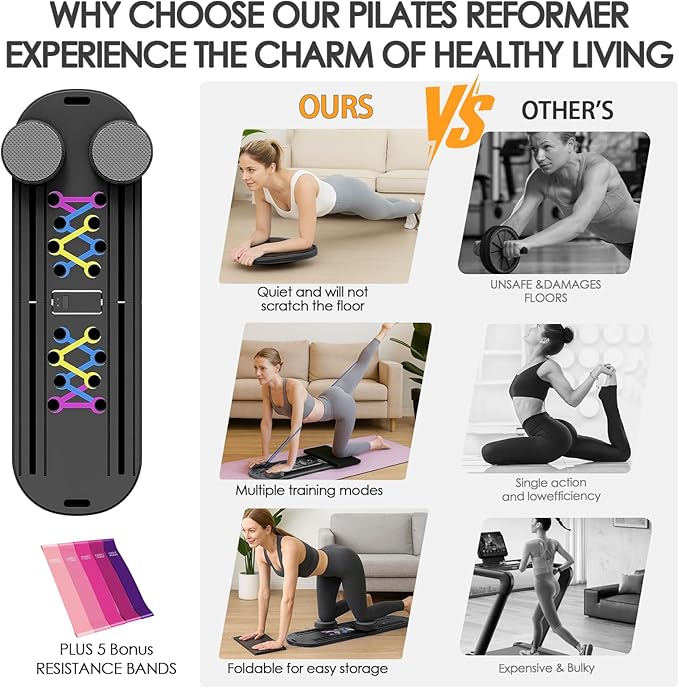 Pilates Board for Home Workout,Foldable Multifunctional Pilates Reformer Set with Timer,Resistance Bands & Storage Bag,Portable Pilates Equipment for Abs,Core & Full-Body Exercise