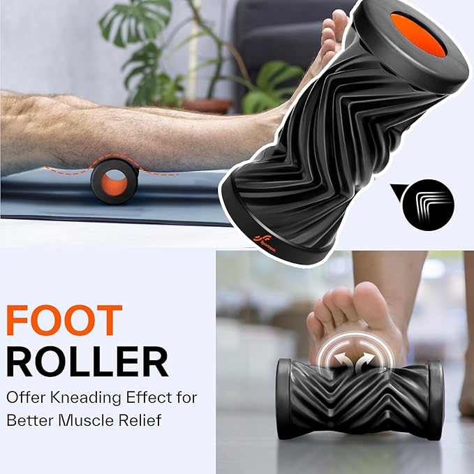 Sportneer 4 in 1 Foam Set, Muscle Relax Kit with 2 Textured Foam Rollers, Stringed Exercise Ball, Lacrosse Ball for Muscle Shoulder Back Leg Whole Body Relax Fitness Yoga