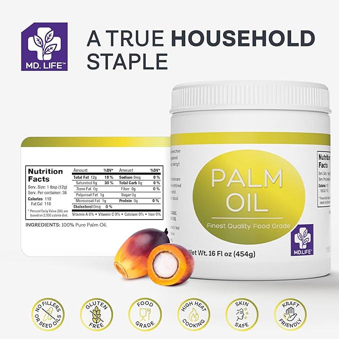MD.LIFE PALM OIL - 16oz - Sustainable Food Grade Palm Oil for Cooking - Great for Soap Making Supplies, Cooking Oil, Creams and Lotions