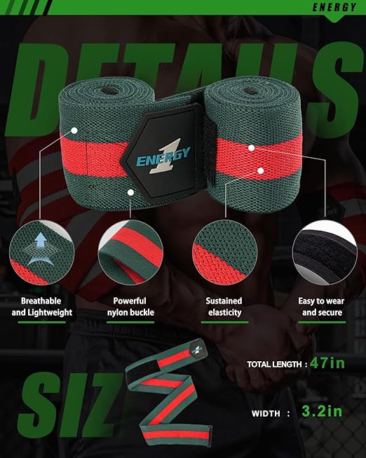 kcross Elbow Wraps for Weightlifting, 47" Strengthening support Elbow Sleeve Weightlifting (1 Pair) for Powerlifting, Bench Press, Gym Workout (Red Green Striped)