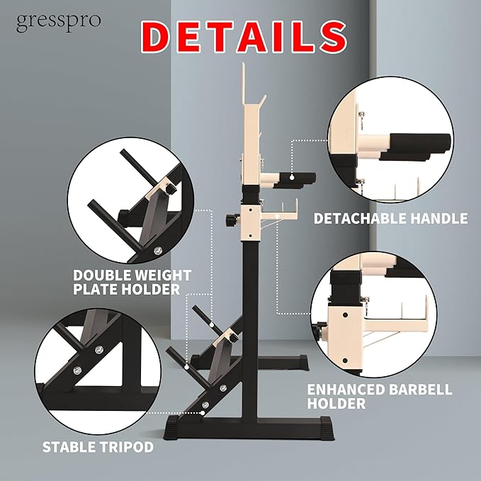 Gresspro Barbell Rack Stand with Dip Bar Attachment - Multifunctional Adjustable Squat Rack, Heavy-Duty Dumbbell Rack, Strength Training Dip Station, Home Gym Equipment Max Load 550lbs