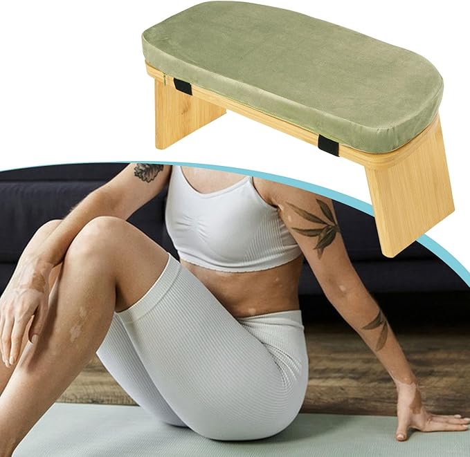 Meditation Bench Prayer Bench with Soft Cushion Wooden Comfortable Portable Folding Kneeling Stool Prayer Stool, Green