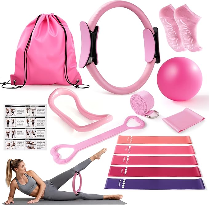 Pilates Kit 14PCS for Women,Home Workout Essentials Kit with Pilates Circle,9 Inch Yoga Ball, Figure 8 Resistance Band, Pilates Sock & Accessories for Beginners, Core Strength