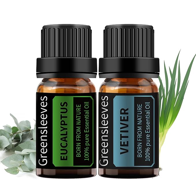 GREENSLEEVES Vetiver Eucalyptus Essential Oil Set, 2 x 10ml Pure Plant-Based Fragrance Oil for Aromatherapy, Essential Oils for Diffuser, Massage, Bath Bomb, Scented Candle Soap Making