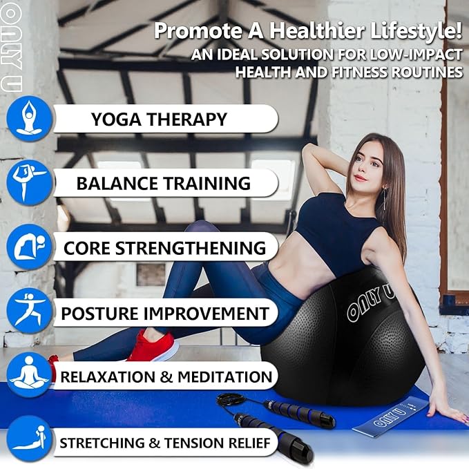 only U Premium Yoga Ball, Exercise Ball, Fitness, Balance and Stability Ball, 65cm Size, Eco-Friendly PVC, Anti Burst, Inflatable, Heavy-Duty Exercise Ball, Black, Hand Air Pump Included, Brand