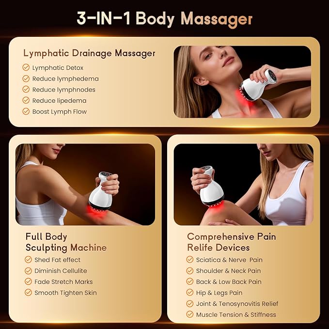 Lymphatic Drainage Massager & Anti Cellulite Massage Tool, Helps Reduce Stretch Marks & Cellulite, for Legs, Arms & Belly, Body Sculpting Machine with Microcurrent & Red-Light & Heat & Vibration
