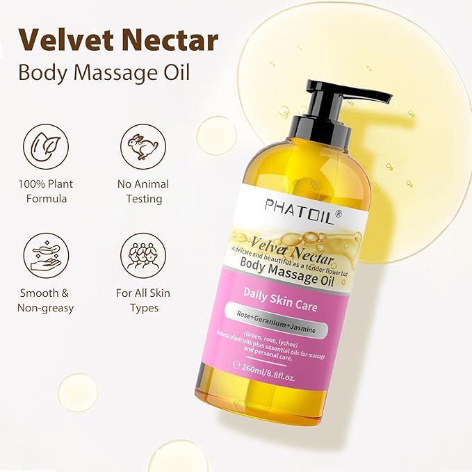 PHATOIL Rose Body Oil, Velvet Nectar Body Massage Oil 260 ml (8.8 fl.oz), Blends of Natural Plant Oils & Essential Oils for Massage and Skin Care, Body Oils for Women and Men