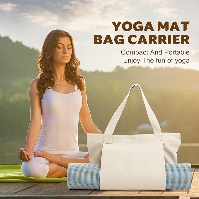 Yoga Mat Carrier, Gym Bag With Yoga Mat Holder, Women Canvas Tote With Shoulder Strap For Pilates, Travel, Office, Sports, Workout And Beach – Inner Zippered Pocket, Fits Standard And Small Mats
