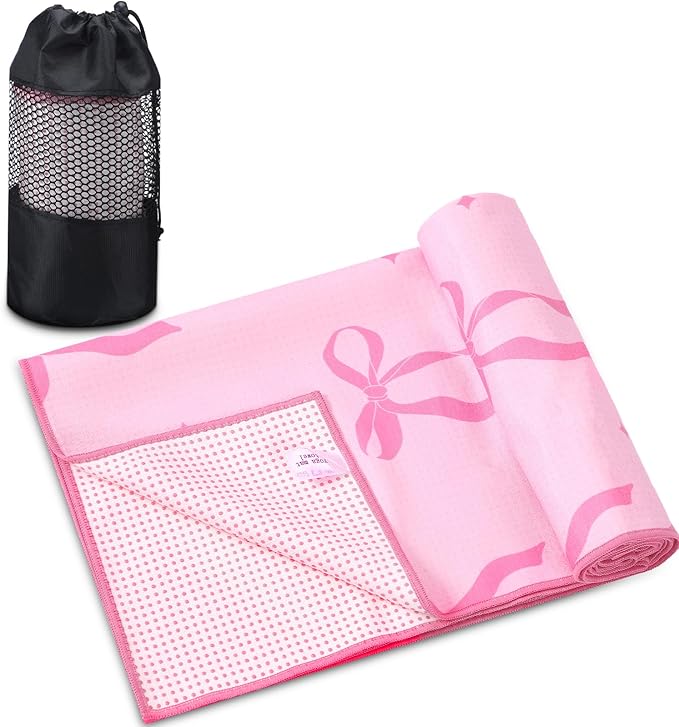 Breling Pink Bow Yoga Mat Towel with Grip Dot Preppy Coquette Bow Non Slip Ultra Absorbent Soft Microfiber Towel Without Hot Yoga Mat 72 x 24 Inch for Pilates Fitness Gym Women Birthday Gifts