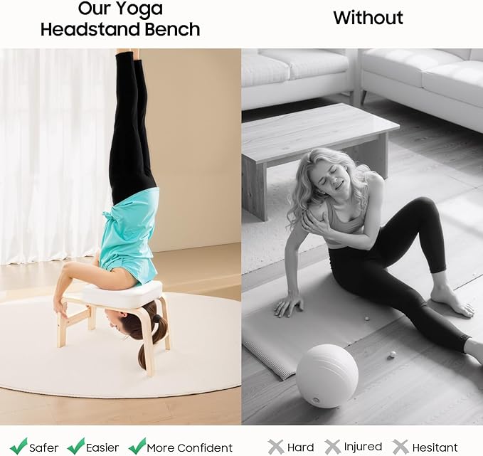 Yoga Headstand Stool, Solid Wood Yoga Inversion Bench with Detachable T-Shaped Block, Meditation Benches with Sponge Seat, for Yoga, Waist, Leg Exercises