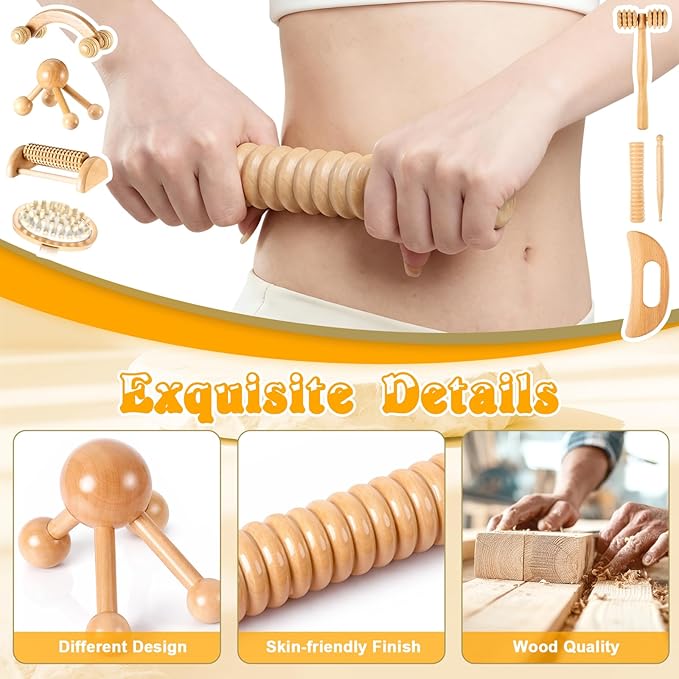 TrelaCo 8 Pcs Wood Therapy Massage Tools Set, Lymphatic Drainage Massager Maderoterapia Kit, Manual Massage Rollers for Muscle Pain Relief, Anti-Cellulite, Body Contouring and Shaping