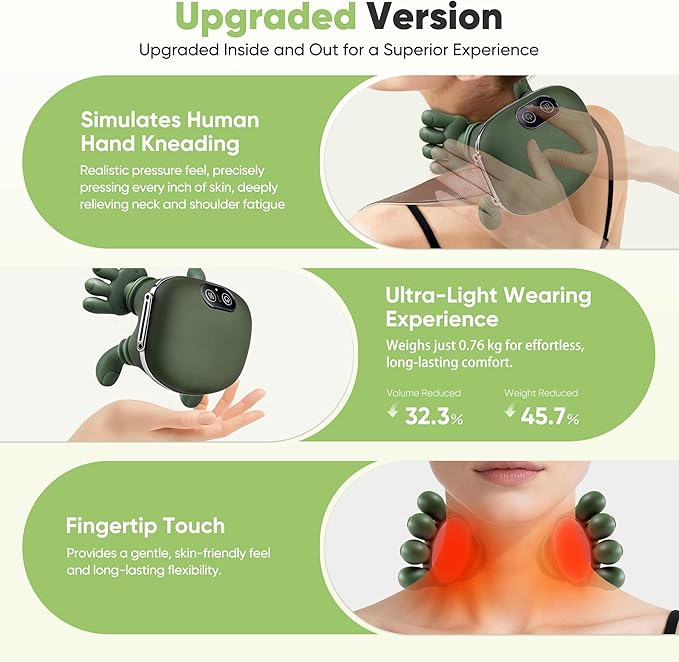 Shoulder and Neck Massager, Bionic Heated Massager, Neck Massager with Fingers, 4D Kneading Massage, Simulates a Real Palm Massage for Comfort, Relax Muscle Tension (Green)