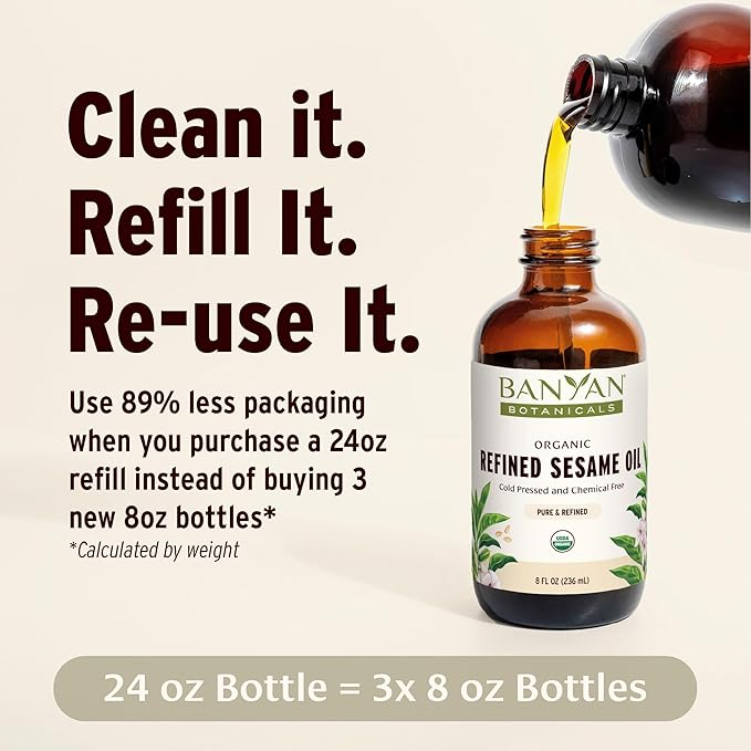 Banyan Botanicals Refined Sesame Oil – Organic Sesame Oil for Skin, Body, Hair & More – Multiple Sizes – 24 oz – Non GMO Sustainably Sourced Vegan