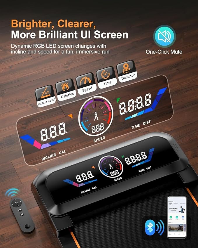 Walking Pad Treadmill with 15% Auto Incline 12-Level, Under Desk Treadmill for Home 450 lbs Capacity, Walking Pad with Incline, RGB UI Screen, Bluetooth Speaker & APP, 3.5HP Quiet Desk Treadmills