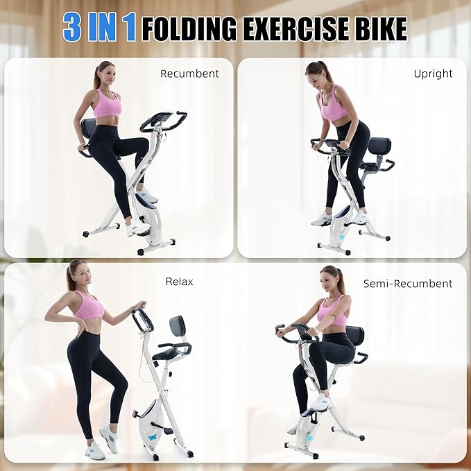 BARWING Stationary Exercise Bike for Home Workout, 5 IN 1 Foldable Indoor Cycling Bike for Seniors, 350LB Capacity, 16-Level Magnetic Resistance, Seat Backrest Adjustments
