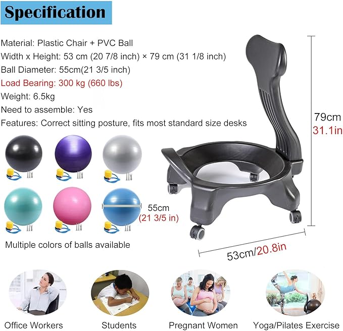 Active Sitting Exercise Ball Chair for Adults - Ergonomic Office Yoga Ball Chairs, Improve Back Pain and Balance, Lockable Wheels, Foot Pump - Buy Now on Amazon