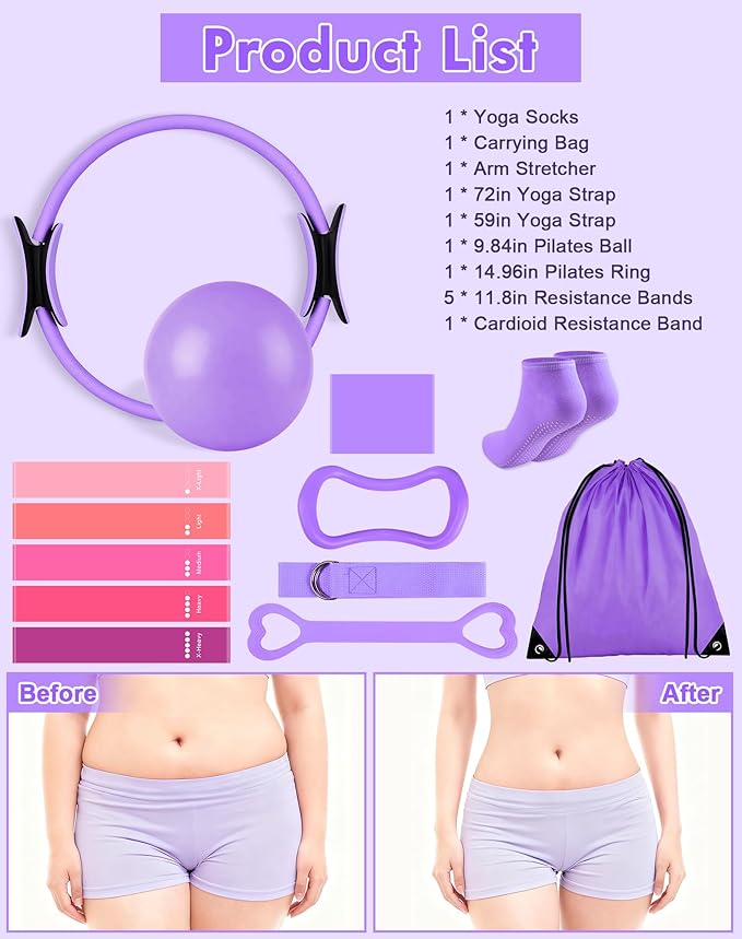 13/15Pcs Pilates Kit for Women, Pilates Equipment for Home Workouts with Magic Circle, Ball, Resistance Bands, Pilates Starter Set for Strength, Toning and Flexibility